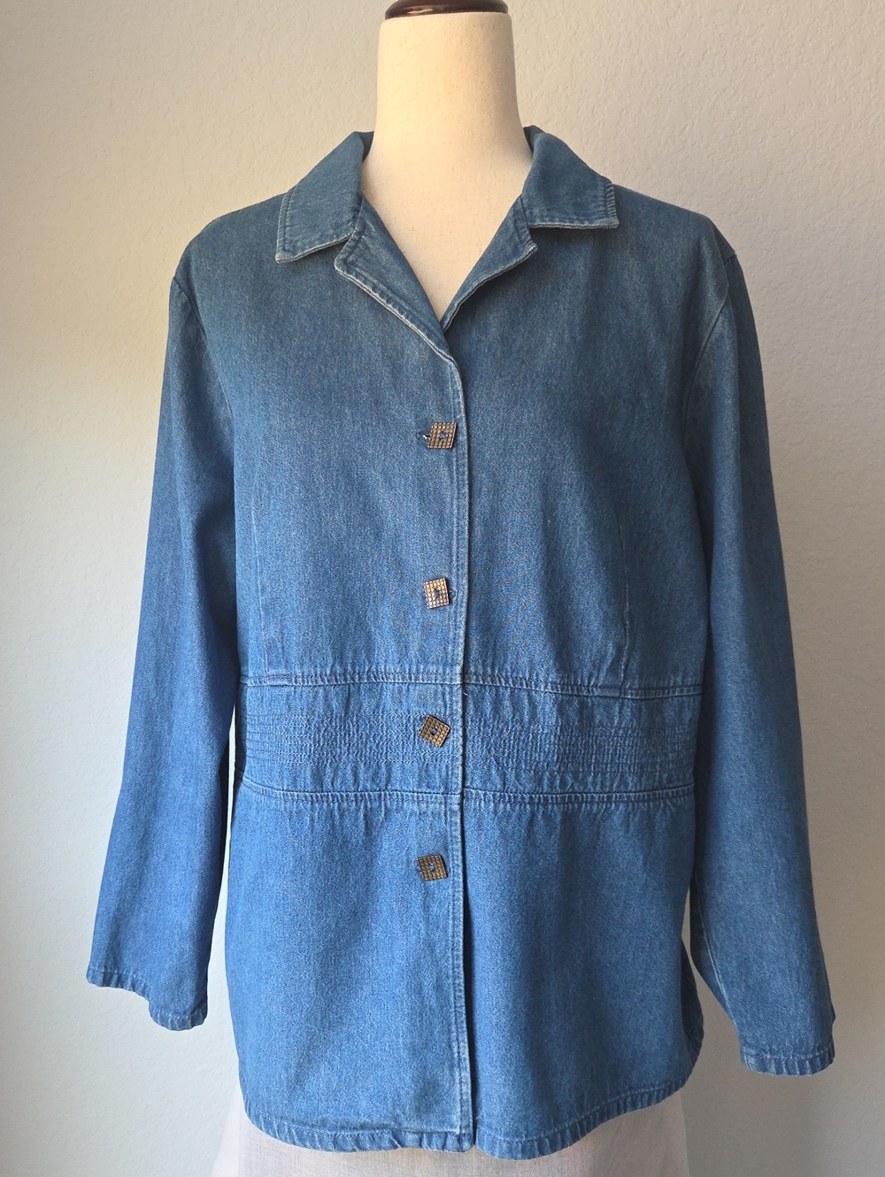 Blue Denim Square Metal Button-Front Jacket Western Chic Elevated Mountian  Top